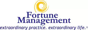 The image shows a logo with the text FORTUNE MANAGEMENT prominently displayed above a smaller text that reads EXTREMELY RARE PRACTICE EXTENSIONAL LIFE. Below this, there s an emblem of a globe with a crescent moon on it. The logo is set against a light background.