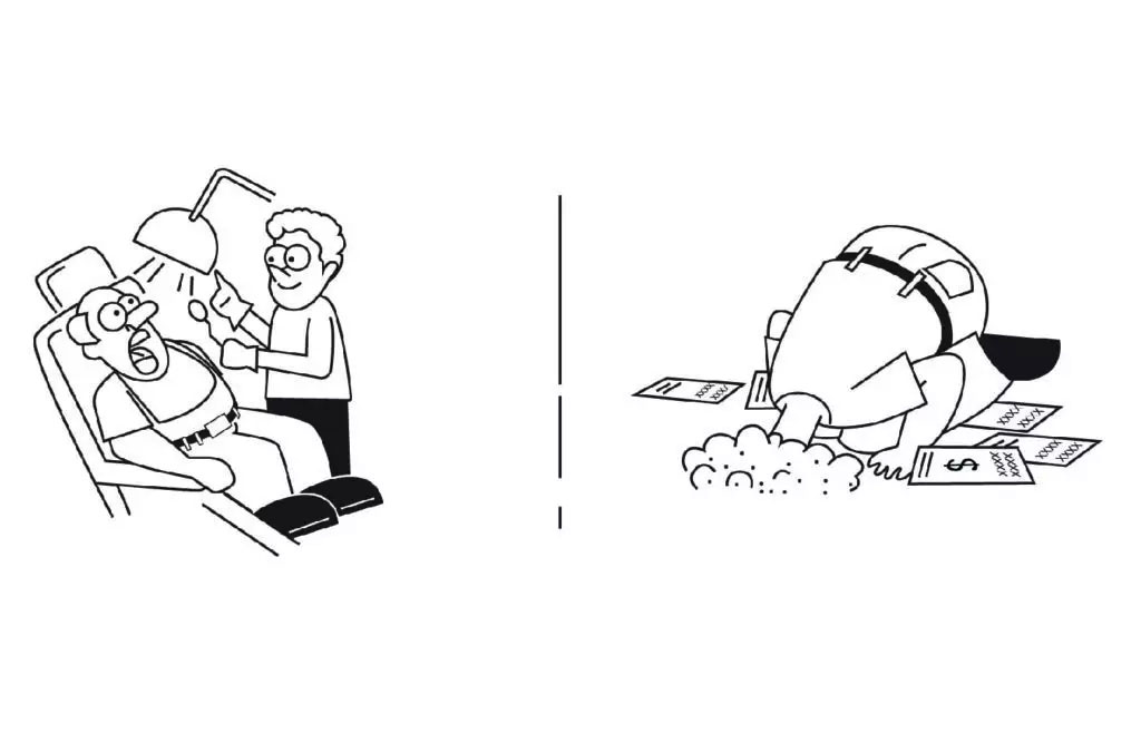 The image depicts a sequence of three panels showing a person going through various stages of panic while sitting in a car, with the last panel showing them looking out the window with a calm expression.