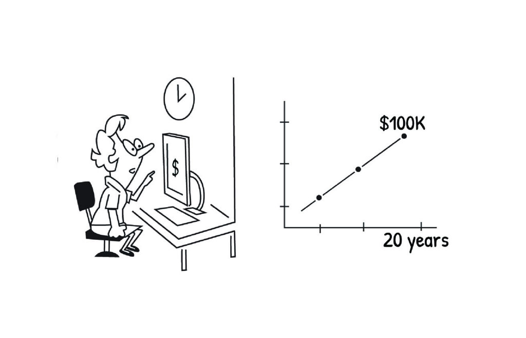 The image shows an illustration of a person sitting at a desk with a computer monitor, next to a graph that compares the cost of renting versus buying a house over time, indicating that buying a house is more expensive than renting in the long term.
