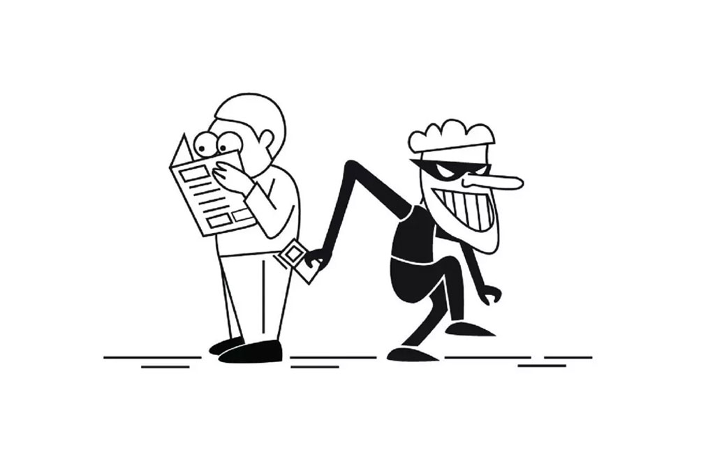 The image features a cartoon character with a large nose holding a newspaper, looking over his shoulder at another character who appears to be a spy or detective, also depicted in cartoon style.