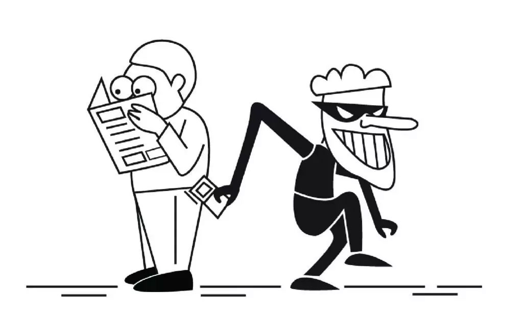 The image features a cartoon character with a large head and exaggerated facial features, standing next to a human-like figure who appears to be reading a newspaper while looking away from the viewer.