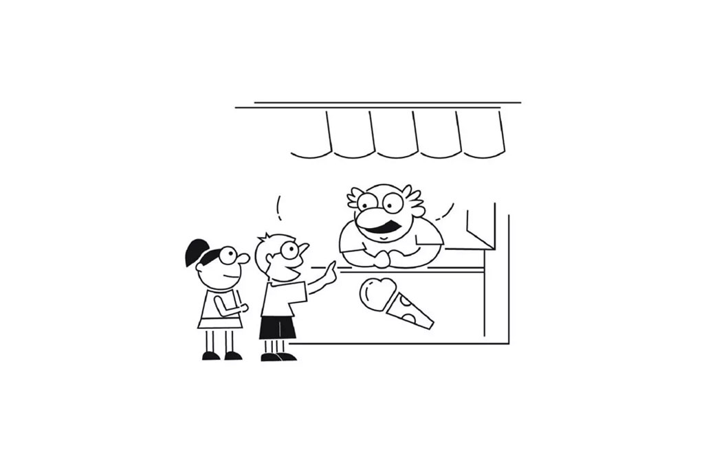 The image shows a black and white cartoon depicting two characters at a counter with a sign above them. One character appears to be ordering food, while the other stands behind the counter.