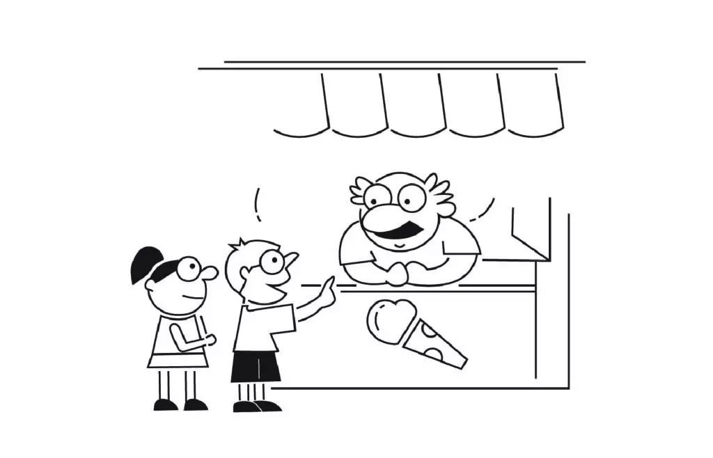 A cartoon depicts two children standing outside a storefront with an adult man, who appears to be a shop owner, inside.