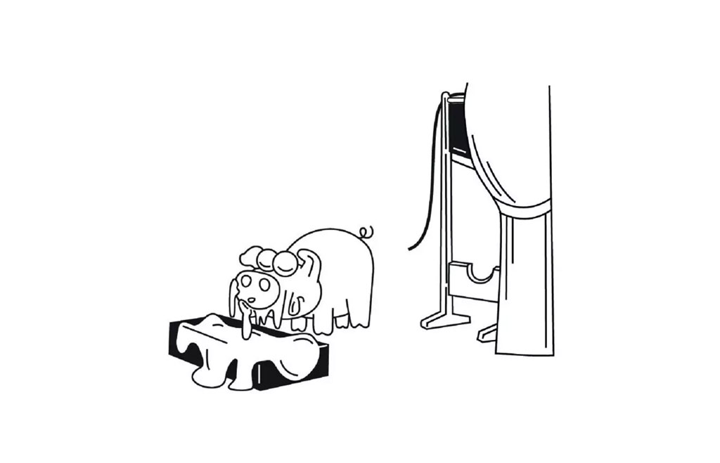 The image shows a cartoon depiction of an elephant sitting on a chair with its trunk raised towards its mouth, seemingly eating from its own trunk.