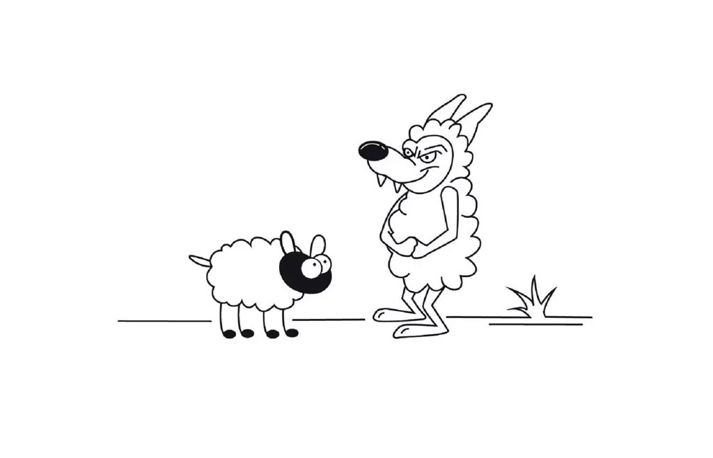 A black and white cartoon depicts a shepherd dog standing on all fours next to a sheep, with both looking towards something off-frame.