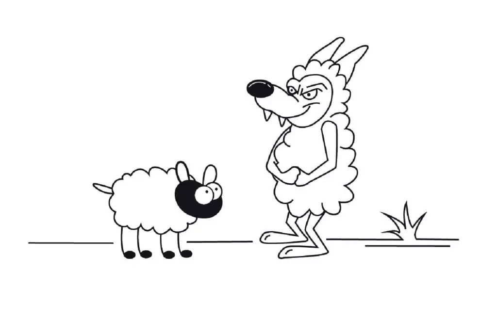The image shows a cartoon depiction of a sheep standing next to a wolf, with both characters appearing to be in an outdoor setting.