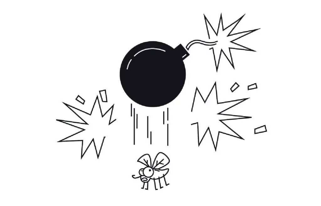 The image features a cartoon illustration with a black bomb and an explosion graphic, along with various elements like a stick figure and a small animal, all set against a white background.