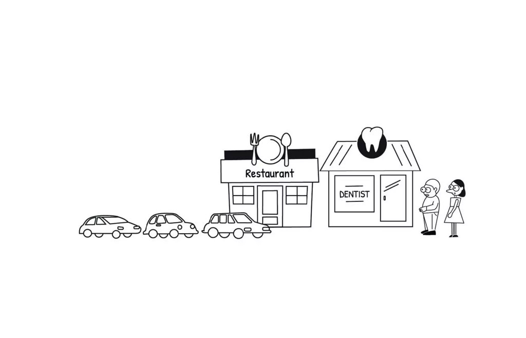 The image depicts a black and white line drawing illustrating a scene with a person standing outside a closed restaurant or shop, a car parked nearby, and a few cars on the road.
