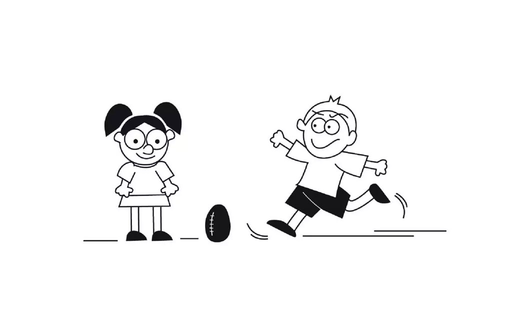 The image depicts two animated characters, an adult and a child, engaged in playful activity on a surface that could be a street or a court.