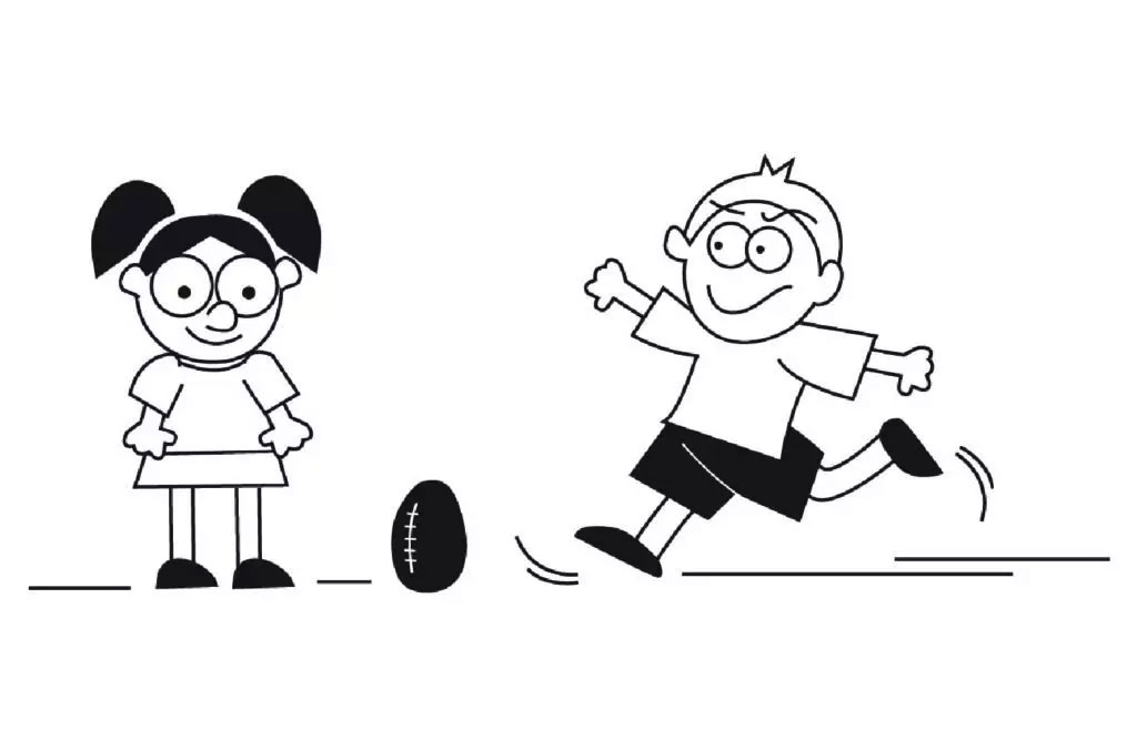 The image shows two cartoon characters engaged in different activities  one child is running with a soccer ball, while another child watches from the sidelines.