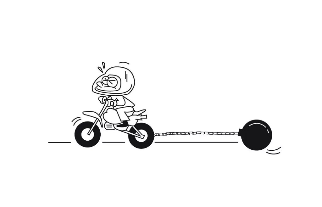 The image depicts a cartoon of a person riding a motorcycle with a sidecar attached, pulling an object that appears to be a wheelbarrow.