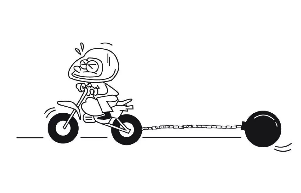 A cartoon drawing of a person riding a motorcycle with a sidecar attached, pulling a large weight behind them.