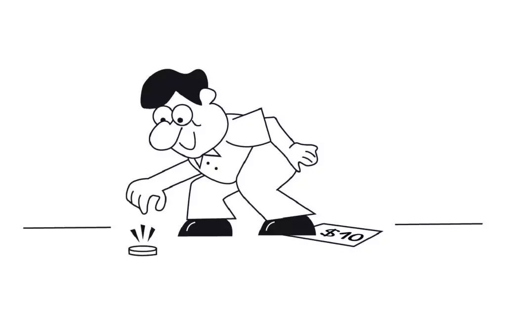 The image depicts an animated character, a man with exaggerated features, bending over to pick up a small object on the ground.