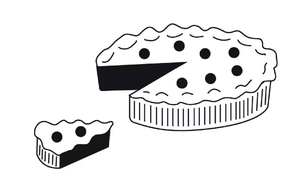 The image depicts a black and white illustration of a pie with a slice removed, accompanied by two whole pies and a single cherry on top of one of them.