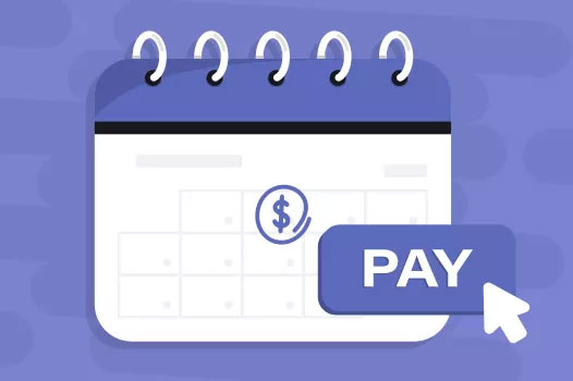 The image displays a digital calendar with a blue background, showing a month s view of a calendar with a date highlighted, indicating it s the 13th day of the month. There are two paper clips attached to the top corners of the calendar, and below the calendar is a button labeled  PAY  with an arrow pointing to it. The overall style of the image suggests a digital interface or graphic design related to finance or scheduling tasks.