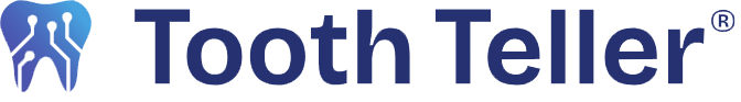 The image displays a logo with the text Tooth Teller above an illustration of a tooth, accompanied by a stylized blue toothbrush icon, set against a gray background.